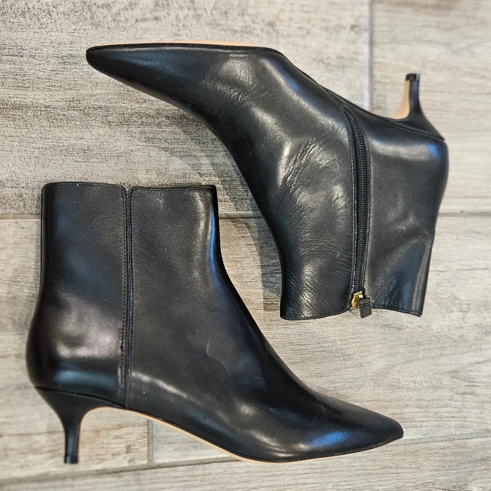 J.Crew Ankle Boots Size 8 Black Leather Kitten Heel Pointed Toe Office Bootie